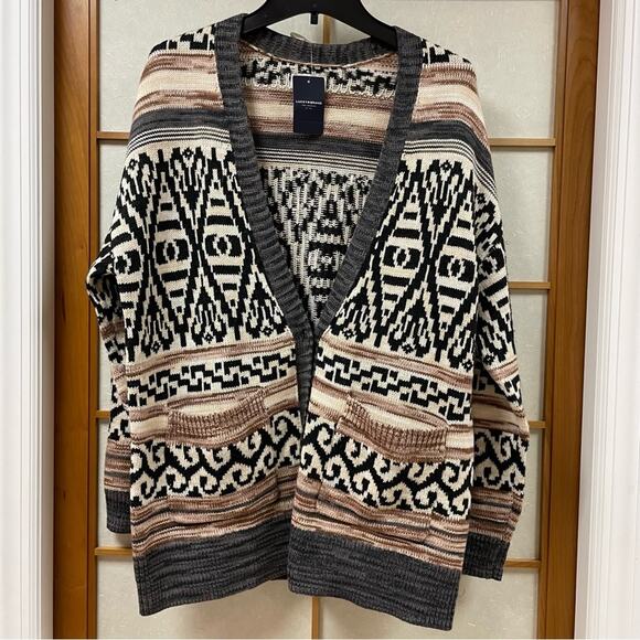 Lucky Brand Cotton Blend Aztec Jacquard Boyfriend Cardigan Sweater Large Nwt - Picture 2 of 9